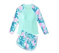 Costume da Bagno Estivo da 2 Pezzi con Protezione UPF 50+ Costumi Mare Bambina Rash Guard per Ragazze Set da Bagno a Maniche Lunghe Tankini con Stampa Floreale Nuoto (Mint Green-1, 15-16 Years)