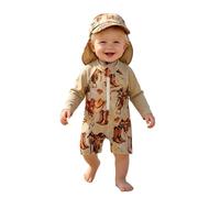 Costume da bagno estivo per neonato con tutina a maniche lunghe con cerniera frontale e cappellino da bagno, stile resort estivo, body in denim con stampa cowboy, costume da (Multicolour, 6-12 Months)