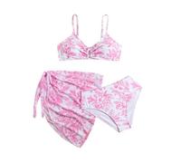 Costume da bagno floreale per ragazze, 3 pezzi, con gonna increspata, spalline regolabili, costumi da bagno estivi da spiaggia, Rosso, 15 anni
