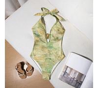 Costume da bagno intero alla moda con stampa e decorazione in metallo, collo a canottiera e schiena aperta, adatto per spiaggia e resort, primavera/estate L,M,S,XLStampa CasualeTessuto in maglia
