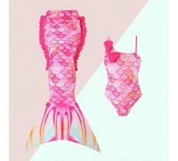 Costume da bagno intero asimmetrico con dettagli decorativi a nastro stampato per giovani ragazze, abbinato a una gonna da sirena, ideale per le vacanze al mare 6Y,7Y,4Y,5YGeometrico,Piante,effetto sq