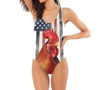 Costume da bagno intero con scollo a U, design a U, busto imbottito fisso ad asciugatura rapida, essenziale per le vacanze, Gallo bianco e nero bandiera Usa gallina amante gallina, XL