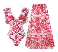 Costume da Bagno Intero da Donna 2 Pezzi Monokini Imbottito con Scollo a V e Gonna Lunga Costume da Bagno in Chiffon con Copertura Sarong da Spiaggia