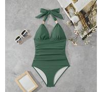 Costume da bagno intero da donna con collo a canottiera senza schienale e laccio, monocolore, semplice e aderente, adatto per vacanze estive in spiaggia L,M,S,XLColore unico,Motivo strutturatoTessuto