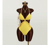 Costume da bagno intero da donna con collo alto, incrocio sulla schiena, laccetti e arricciature sulla parte anteriore in un unico colido L,M,S,XLColore unicoTessuto in maglia