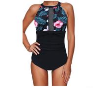 Costume da bagno intero da donna con motivo floreale e scollo a rete per vacanze e club, costume da bagno da donna con stampa floreale allacciata sul collo in rete (XXXL fiore verde)