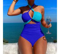 Costume da bagno intero da donna con taglio a contrasto, incrocio sulla schiena e dettagli traforati, adatto per le vacanze L,M,S,XLTessuto