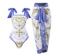Costume da bagno intero da donna double face con copricostume da spiaggia con gonna da spiaggia Sarong due pezzi bikini set Beachwear, Fiore dorato su entrambi i lati, X-Large