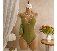 Costume da bagno intero da donna, nuovo per primavera/estate, in tessuto giallo con texture, con decorazione floreale azzurra, scollo a V, collo alto, schiena scoperta L,M,S,XL,XS,XXSColore unicoTessu