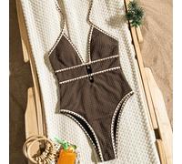 Costume da bagno intero da donna primavera/estate 2026, stile vintage, marrone scuro con texture a bolle, bordo a zig zag bianco sporco, scollo a V con allacciatura al collo, vita media, con doppia fi