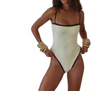 Costume da bagno intero da donna, senza spalline, colore nero, tinta unita, elasticizzato, lunghezza regolare, per spiaggia, vacanze, yoga, primavera estate (L beige)