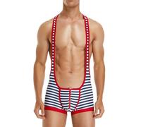 Costume da bagno intero da uomo, a righe, per allenamento atletico, senza maniche, per yoga, palestra, fitness, body corto e aderente, Colore: rosso, XXL