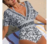 Costume da bagno intero donna in stile boho chic bianco e nero con motivi orientali e controllo pancia, adatto per spiaggia e resort L,M,S,XLStampa CasualeTessuto in maglia