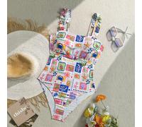 Costume da bagno intero per donne taglie forti, con fantasia floreale tropicale, arricciature e scollo ad aletta 0XL,1XL,2XL,3XL,4XLAnimale,Grafico,Piante,stampa dappertuttoTessuto in maglia