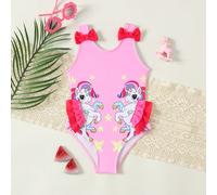 Costume da bagno intero per ragazze giovani, con stampa di pony arcobaleno e sole, con patchwork, fiocco e volant, versatile per spiaggia, vacanza e servizio fotografico 6Y,7Y,4Y,5YFumetto,Blocchi di