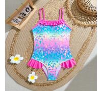 Costume da bagno intero per ragazze pre-adolescenti, stile dolce e onirico da ragazza, base a colori arcobaleno sfumati con stampa di cuori sparsi, design con spalline, con volant rosa sul collo e l'o