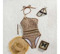 Costume da bagno intero retrò e bohémien da donna, colore marrone moka, con collo a canottiera e dettaglio a nodo, accenti metallici, design schiena scoperta, coppa morbida, texture in pizzo a foglia 