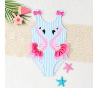 Costume da bagno intero senza maniche e schiena scoperta a righe con fenicottero per ragazze, design carino con fiocco sulle spalline, adatto per l estate e la spiaggia 6Y,7Y,4Y,5YGeometrico,Piante,Fe