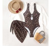 Costume da bagno intero sexy con scollo a V profondo e stampa leopardata casuale per donne, set a 2 pezzi con gonna avvolgente in rete, costumi da bagno sexy per vacanze al mare L,M,S,XLStampa Casuale