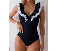 Costume da bagno intero sexy con scollo a V, volant e block color, perfetto per la spiaggia e la villeggiatura L,M,S,XLBlocchi di coloreTessuto