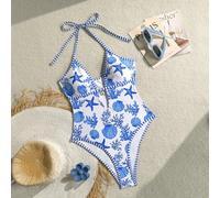 Costume da bagno intero sexy, con stampa a righe blu e bianche, schiena scoperta, con pendente a forma di stella marina e conchiglia, spalline sottili e allaccio al collo, adatto per vacanze estive e 