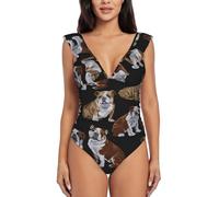 Costume da bagno intero sexy da donna con stampa bulldog inglesi, costume da bagno con scollo a V e maniche a volant, nero, M
