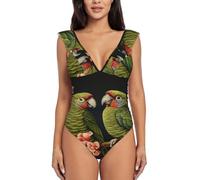 Costume da bagno intero sexy da donna con stampa di pappagalli con scollo a V e maniche a volant, nero, M