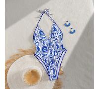 Costume da bagno intero sexy e alla moda per le vacanze estive, con stampa a tema oceano, scollo a V profondo, dettagli in pizzo e collo a canottiera L,M,S,XSGeometrico,Tribale,TropicaleTessuto