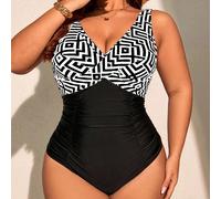 Costume da bagno intero stile vacanza estiva da spiaggia da donna taglie forti, con stampa patchwork e incrocio sulla parte anteriore 0XL,1XL,2XL,3XL,4XLBlocchi di coloreTessuto in maglia