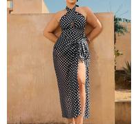 Costume da bagno intero vintage a pois con scollo alla halter, set da 2 pezzi con gonna avvolgente in rete, costume da bagno stile vintage e lusinghiero per taglie forti 0XL,1XL,2XL,3XL,4XLGeometricoT