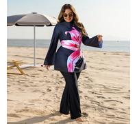 Costume da bagno lungo a maniche lunghe con stampa, pantaloncini da bagno lunghi, Burkini taglia comoda, adatto per vacanze e spiaggia in ambienti conservatori del Medio Oriente 0XL,1XL,2XL,3XL,4XLPia