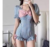 Costume da bagno, M-XL, motivo scozzese, con papillon e scollo all'americana, senza schienale, microelastico, design fresco, per donna, spiaggia, piscina, feste, estate, abbigliamento casual (L blu)