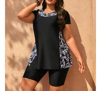 Costume da bagno modesto da donna taglie forti, set da 2 pezzi, con stampa casuale di foglie nere e bianche, patchwork, colore unito, adatto per vacanze e uso quotidiano, collo alto, vita alta, pantal