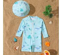 Costume da bagno neonato con protezione a maniche lunghe, con stampa di squali e balene, con zip 6-9M,0-1M,1-3M,3-6MAnimalePoliestere,Tessuto da costume da bagno