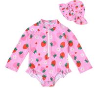 Costume da Bagno per Bambine con Cappellino da Sole, Maniche Lunghe, Protezione Solare UPF 50+ e Chiusura con Cerniera, per Bambini dai 3 Ai 36 Mesi, per Spiaggia e Piscina