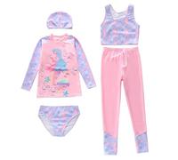 Costume da Bagno per Bambine, Taglie Piccole, Medie e Grandi, Due Pezzi, a Maniche Lunghe, con Sole Five (dai 2 ai 12 Anni). (2-Purple, 6-8 Years)