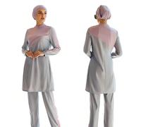 Costume da bagno per musulmane, set in 3 pezzi di costumi da bagno islamici dignitosi, con patchwork grigio e rosa, set completo, copricapo, abito burkini a maniche lunghe + pantaloni L,M,S,XL,XXLPoli