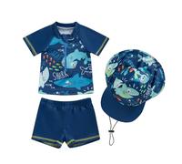 Costume da bagno per neonato, 2 pezzi, anti-UV, maglietta a maniche lunghe + pantaloncini da bagno + cappello da sole, costume da nuoto, Blu Shark, 6- 12 mesi