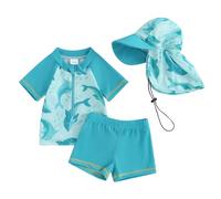 Costume da bagno per neonato, 2 pezzi, anti-UV, maglietta a maniche lunghe + pantaloncini da bagno + cappello da sole, costume da nuoto, Blu Cielo Delfino, 18-24 mesi