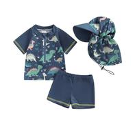 Costume da bagno per neonato, 3 pezzi, anti UV, maglietta a maniche lunghe + pantaloncini da bagno + cappello da sole, costume da bagno, piscina, Nataiton da spiaggia, Blu scuro, 2-3 anni