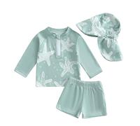 Costume da bagno per neonato, 3 pezzi, anti UV, maglietta a maniche lunghe + pantaloncini da bagno + cappello da sole, costume da bagno, piscina, Nataiton da spiaggia, Verde Stella del Mare, 6- 12