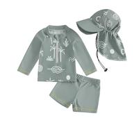 Costume da bagno per neonato, 3 pezzi, anti UV, maglietta a maniche lunghe + pantaloncini da bagno + cappello da sole, costume da bagno, piscina, Nataiton da spiaggia, Modello verde, 12- 18 Mesi