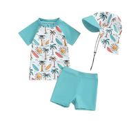 Costume da bagno per neonato, anti UV, maglietta a maniche corte e pantaloncini da bagno, set di 3 pezzi, costume da nuoto per piscina, spiaggia, Blu stile hawaiano, 6- 12 mesi
