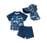Costume da bagno per neonato, anti UV, maglietta a maniche corte e pantaloncini da bagno, set di 3 pezzi, costume da nuoto per piscina, spiaggia, Blu Squalo, 6- 12 mesi