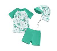 Costume da bagno per neonato, anti UV, maglietta a maniche corte e pantaloncini da bagno, set di 3 pezzi, costume da nuoto per piscina, spiaggia, Verde Dinosauro Palma da cocco, 12- 18 Mesi
