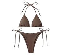 Costume da bagno sexy da donna a tre pezzi con strisce scavate, marrone, S