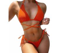 Costume da bagno sexy da donna, con scollo a V, con lacci e scollo a V, costume da bagno a due pezzi con perizoma, Arancione, M