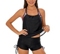 Costume da bagno tankini con stampa floreale, due pezzi, a vita alta, con fondo per il bagno estivo, spiaggia, prendere il sole, castello di sabbia, divertimento passeggiata sul mare, Nero 1, S