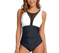 Costume da bagno Un pezzo elegante a rete colorata con taglio a V e Pancia arricciata per una scolpita - Costume da spiaggia femminile, bianco, S