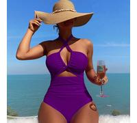 Costume da bagno una pezza estivo da donna con collo alla halter, allacciatura, schiena scoperta e colore unito minimalista L,M,S,XLColore unicoTessuto